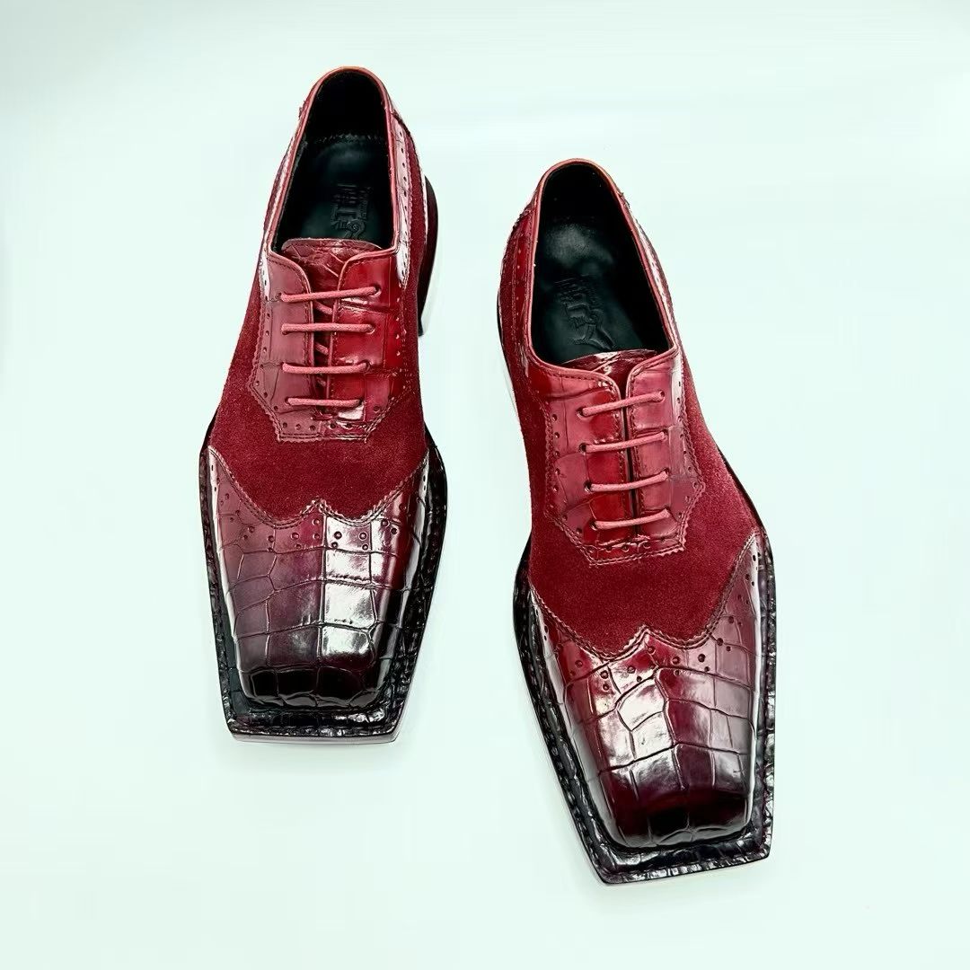 Genuine Crocodile Leather Square-Toe Classic Lace -Up Dress Shoes Wine Red