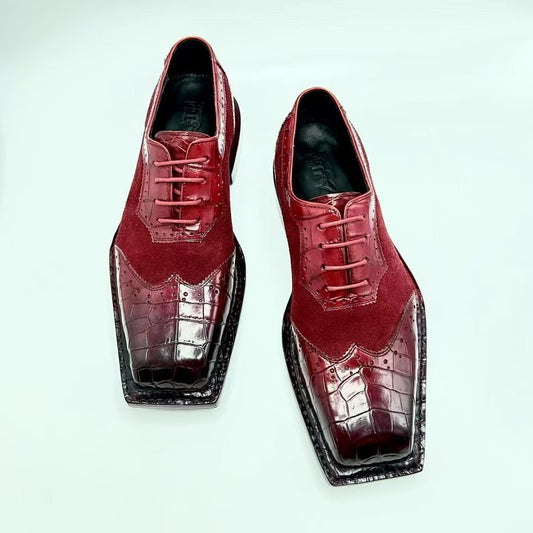 Genuine Crocodile Leather Square-Toe Classic Lace -Up Dress Shoes Wine Red