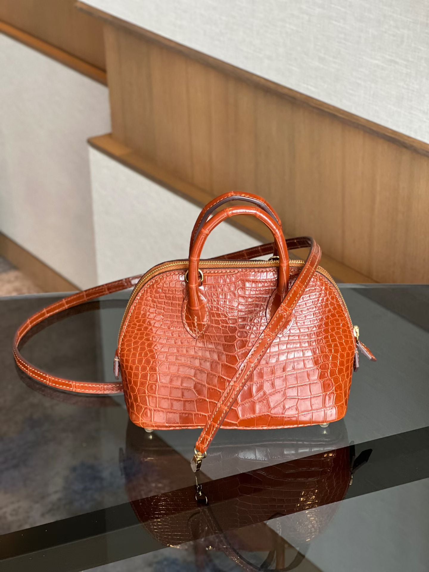 Womens Genuine Crocodile Skin Leather Cross Body Handle Bag