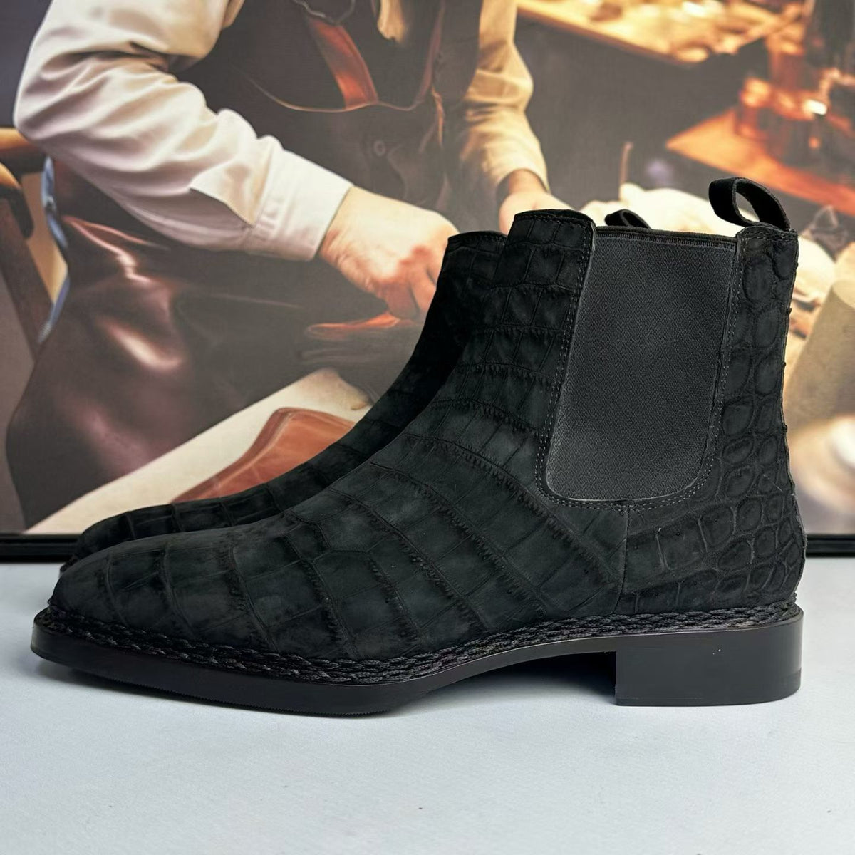 Crocodile Boots ,Men’s Crocodile Leather Chelsea Ankle Boots Black