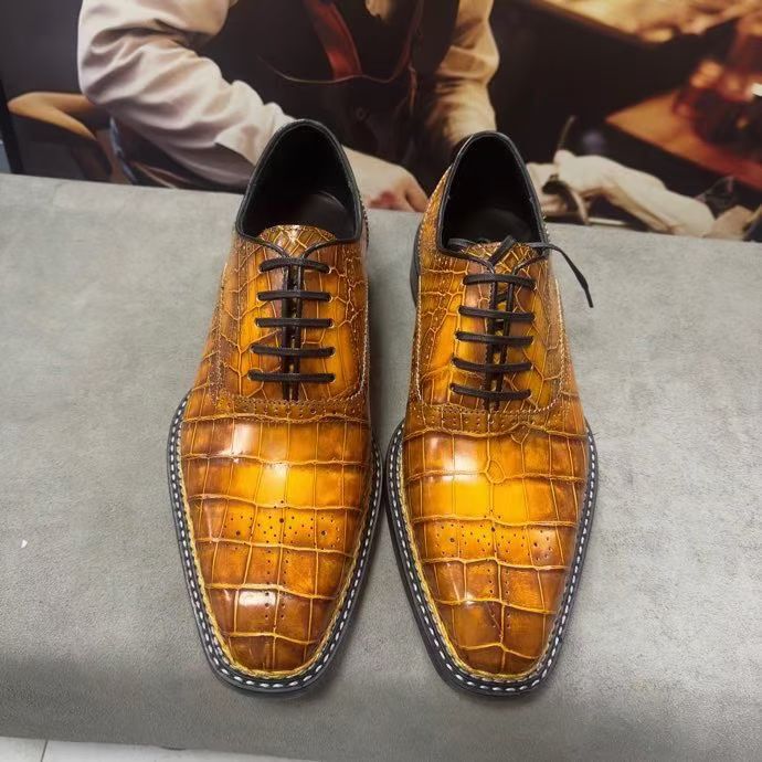 Crocodile Shoes Men's Vintage Brown Crocodile Leather Norwegian Sewn Lace Up Shoes