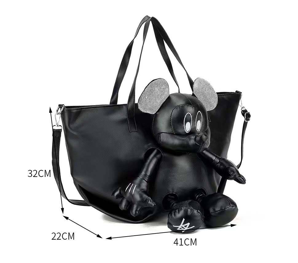 PU Leather Doll Large Tote Satchel Bags With Crystal Ear For Women