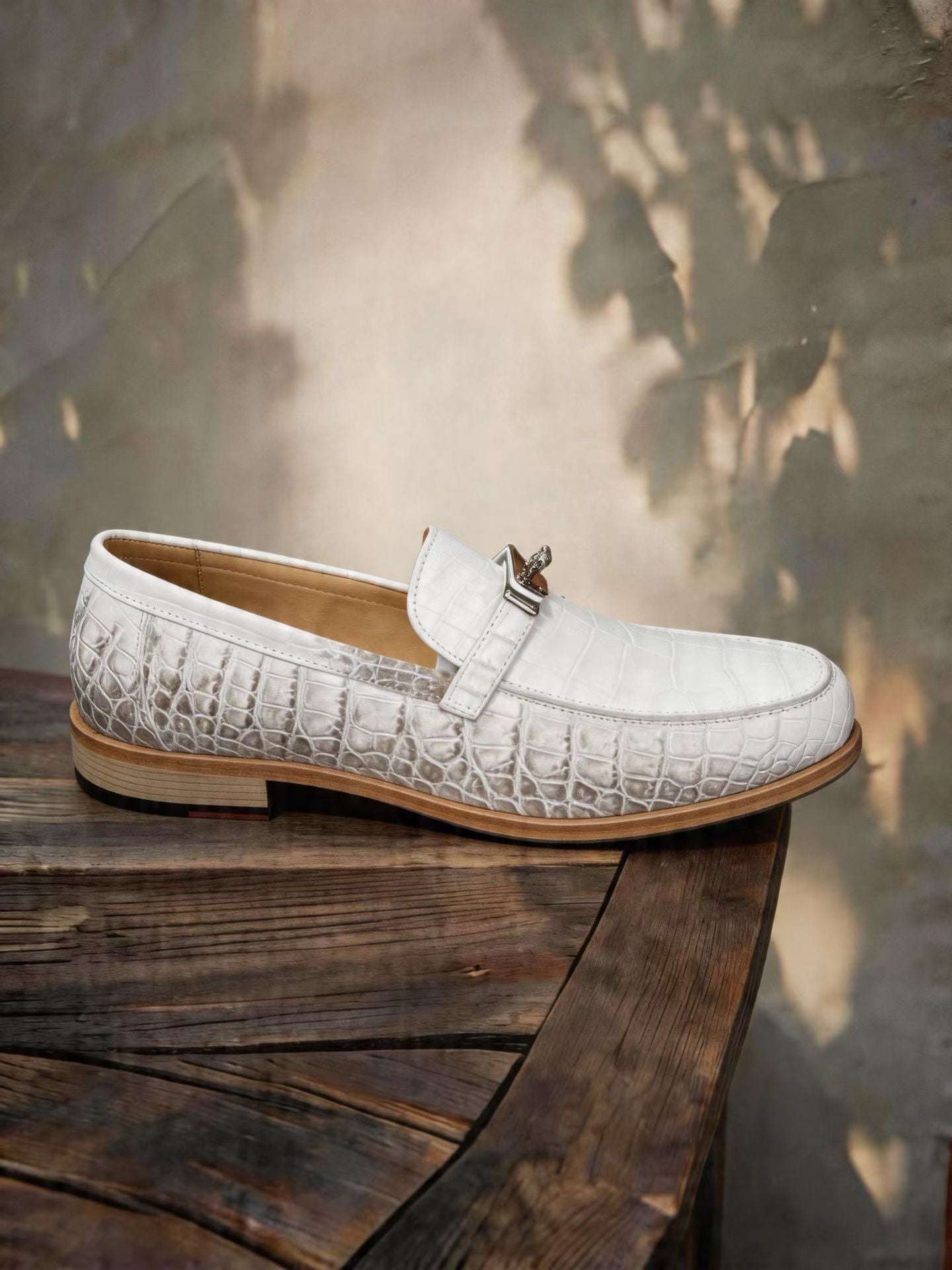 Crocodile Shoes, Himalayan White Genuine Crocodile Leather Buckle Loafer Shoes