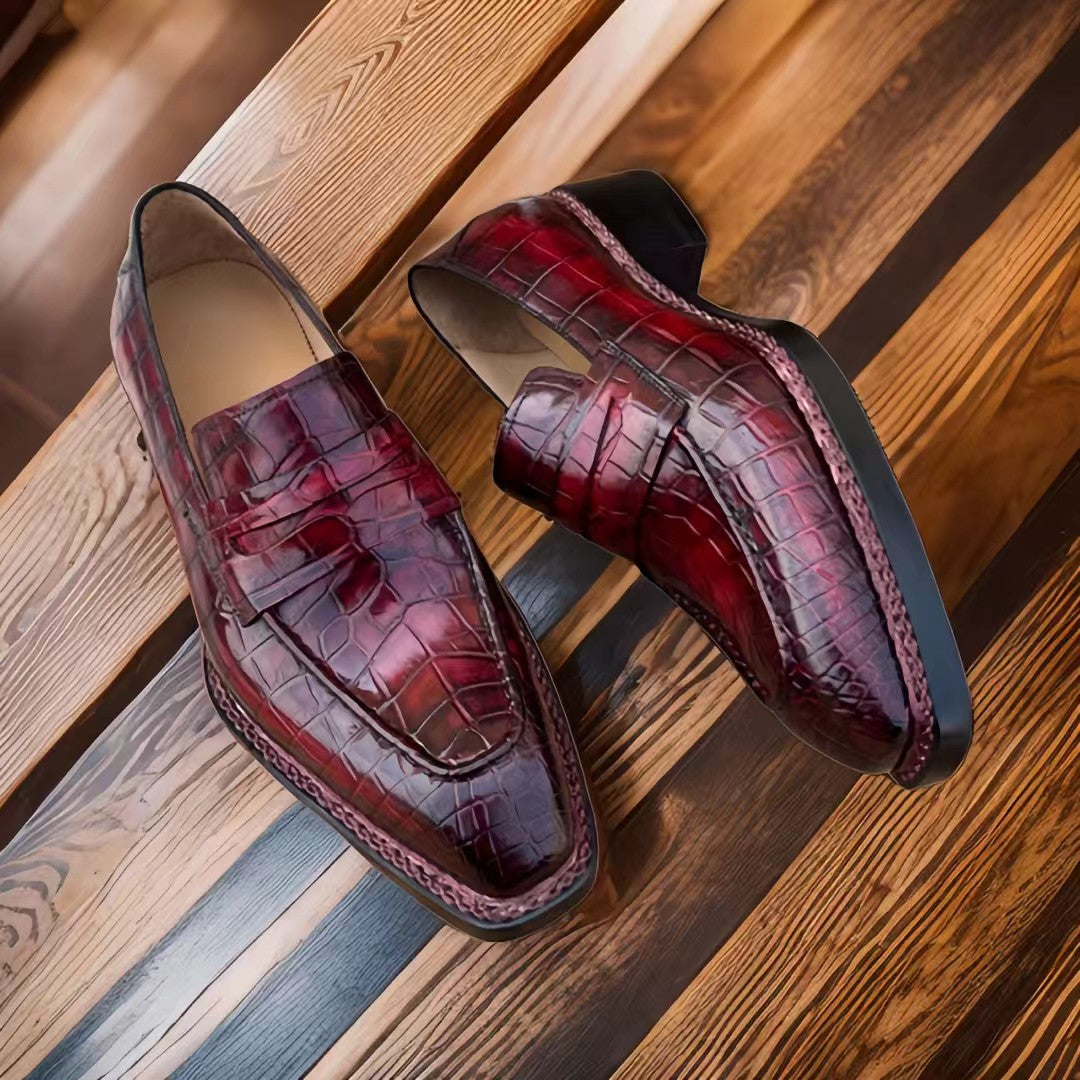 Crocodile Shoes, Men's Vintage Wine Red Crocodile Leather Slip-On Loafer Shoes