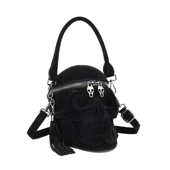 3D Bags Black Suede Skull Cross Body Shoulder Bag Mini Handle Handbags Rossie Viren