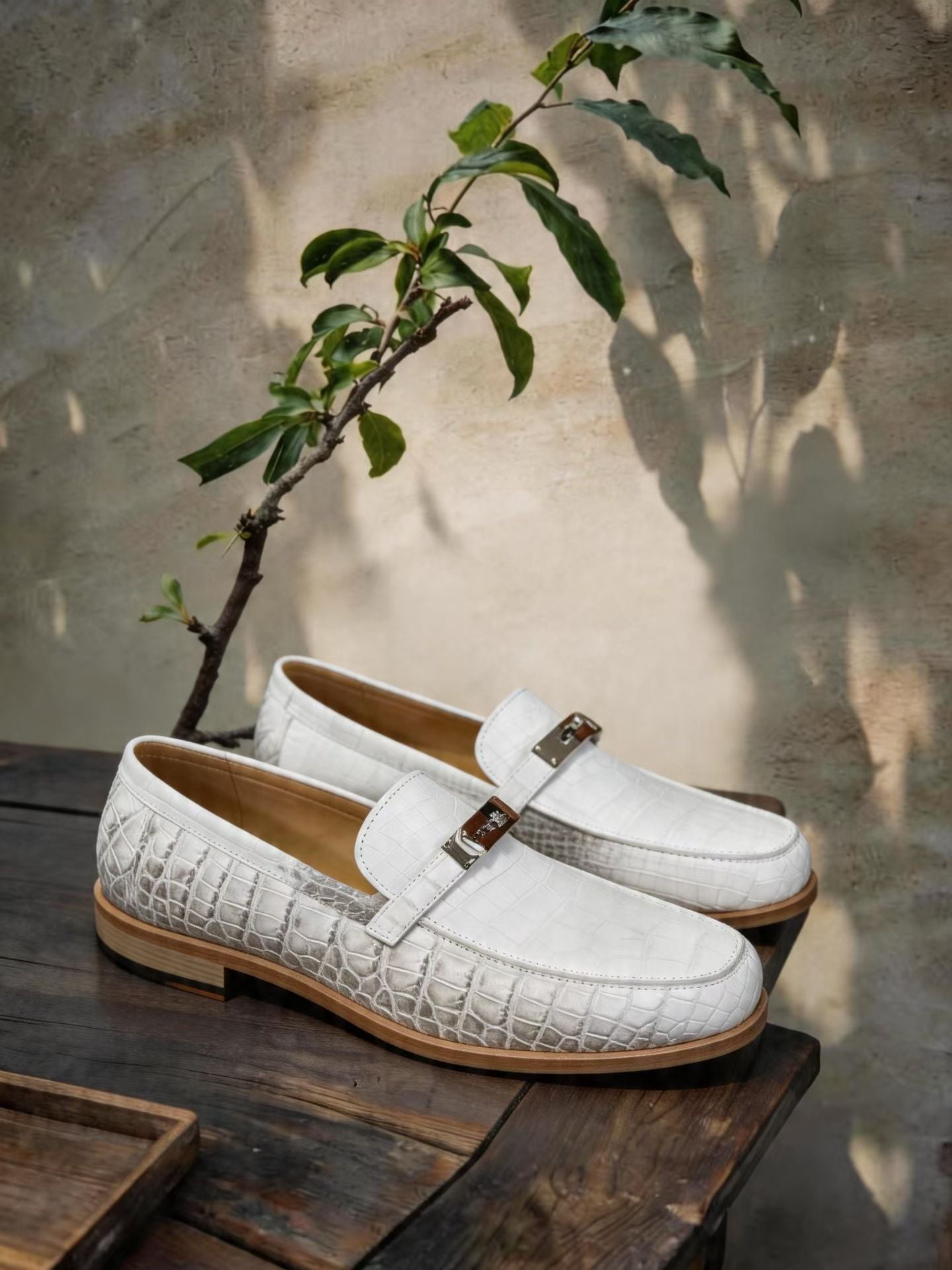 Crocodile Shoes, Himalayan White Genuine Crocodile Leather Buckle Loafer Shoes