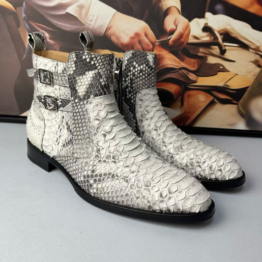 Crocodile Boots ,Men’s Python Skin Chelsea Ankle Boots Cream