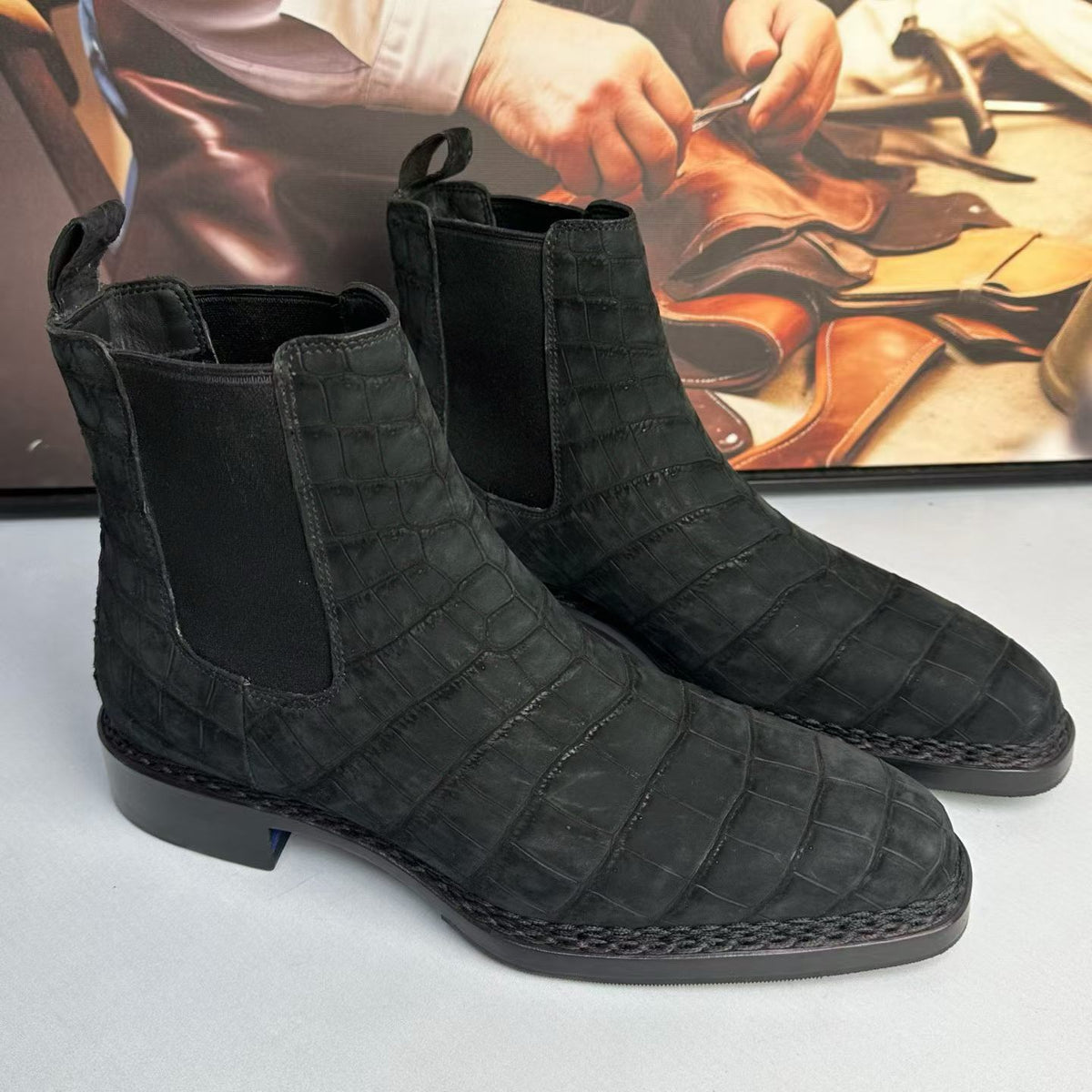 Crocodile Boots ,Men’s Crocodile Leather Chelsea Ankle Boots Black