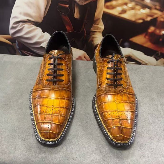 Crocodile Shoes Men's Vintage Brown Crocodile Leather Norwegian Sewn Lace Up Shoes