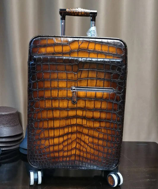 Retro Brown Crocodile Leather Trolley/Roll Aboard Suitcase Weekend/Travel Bag Trolley Case Universal Wheels 20-Inch