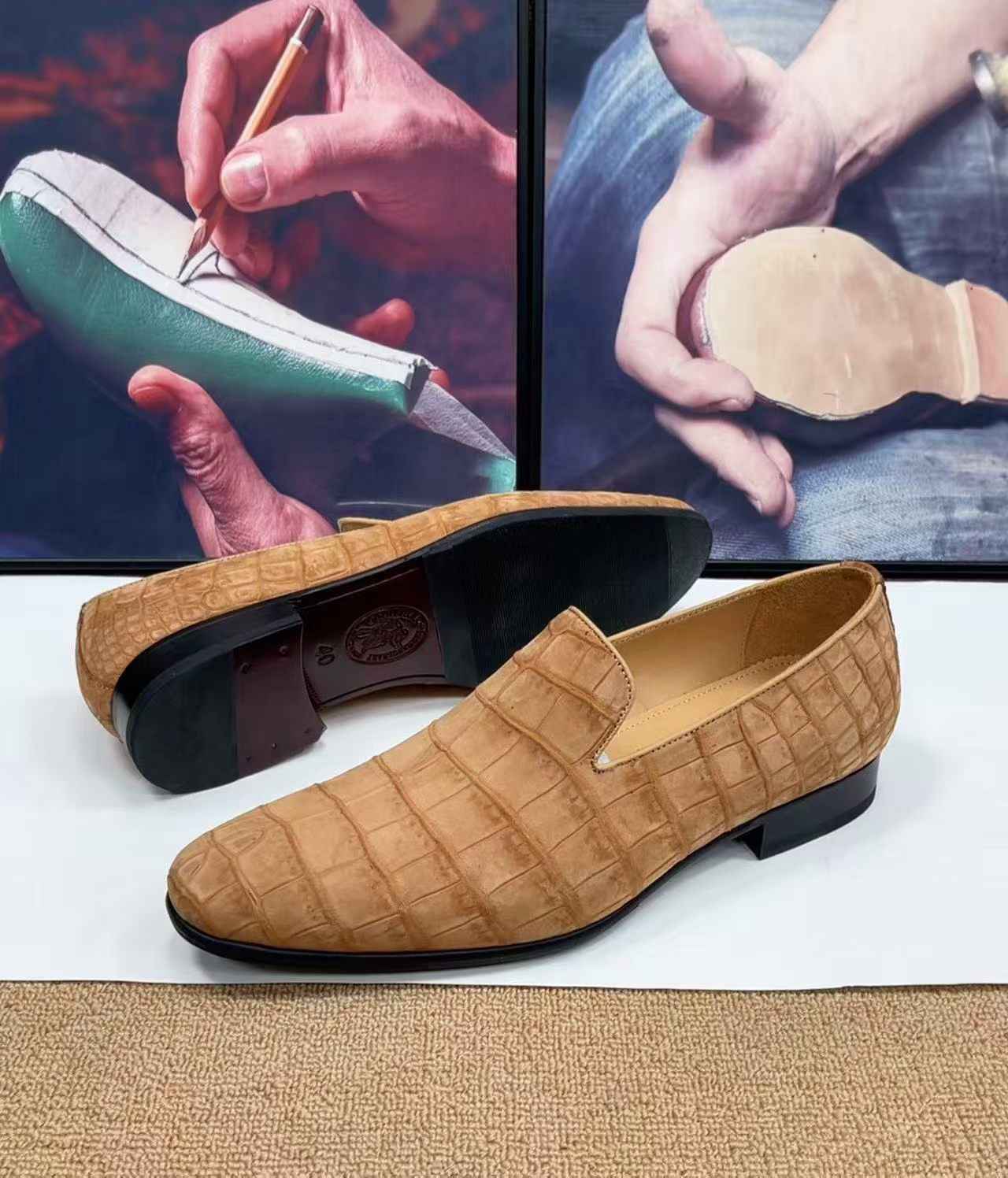 Crocodile Shoes, Men's Nubuck Crocodile Leather Slip-On Loafer Shoes Camel