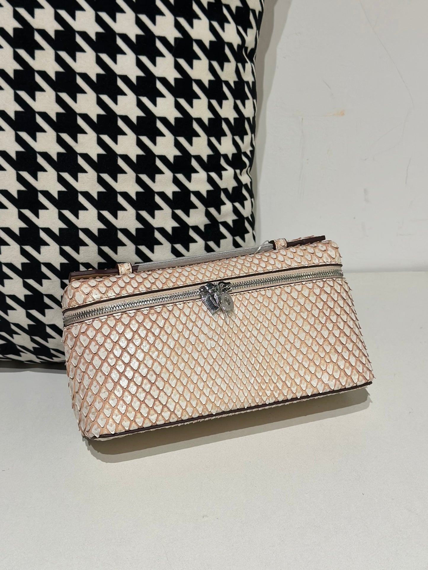 Genuine Python Skin Leather Zipper Cosmetic Handle Bag