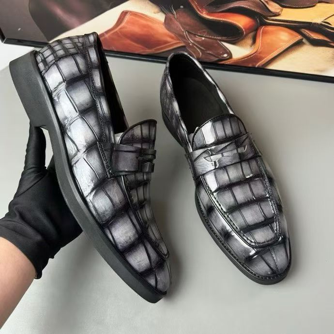 Crocodile Leather Loafer Shoes Vintage Grey