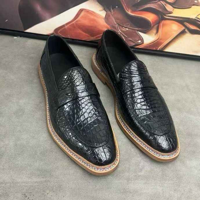 Crocodile Shoes, Men's Crocodile Leather Slip-On Loafer Shoes Black