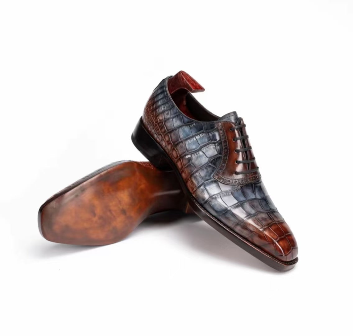 Crocodile Shoes, Genuine Crocodile Leather Lace Up Dress Shoes Beige