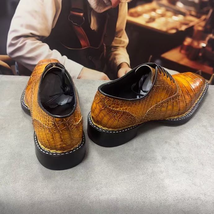 Crocodile Shoes Men's Vintage Brown Crocodile Leather Norwegian Sewn Lace Up Shoes
