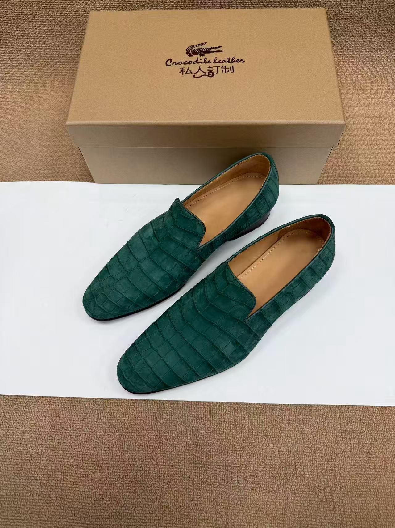 Crocodile Shoes, Men's Nubuck Crocodile Leather Slip-On Loafer Shoes Green