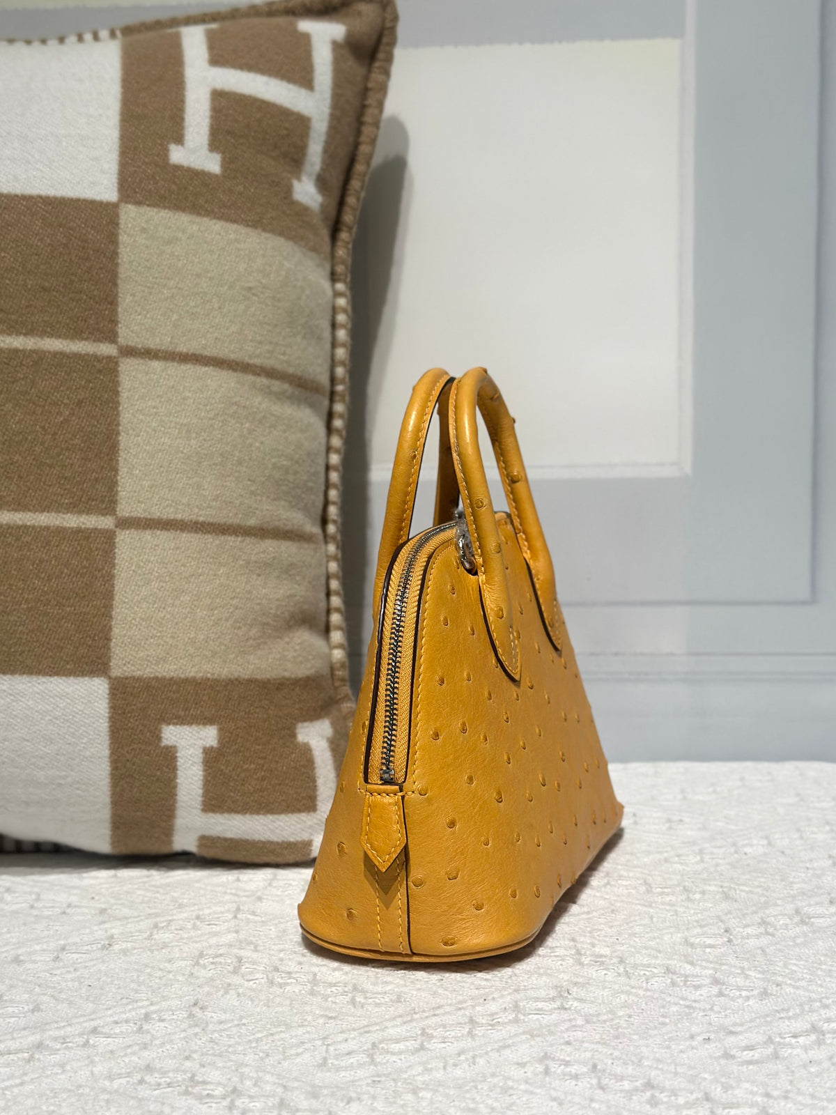 Genuine Ostrich Skin Leather Mini Bowling Top Handle Bag Amber Yellow