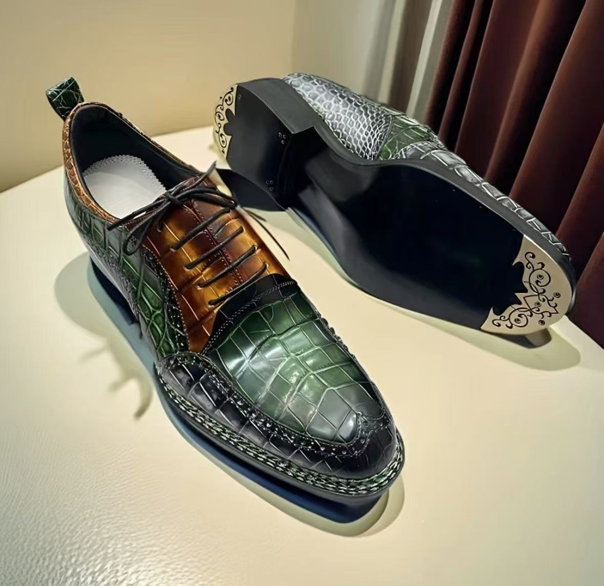 Crocodile Shoes, Men's Vintage Green/ Tan Contrast Norwegian Sewn Lace Up Shoes