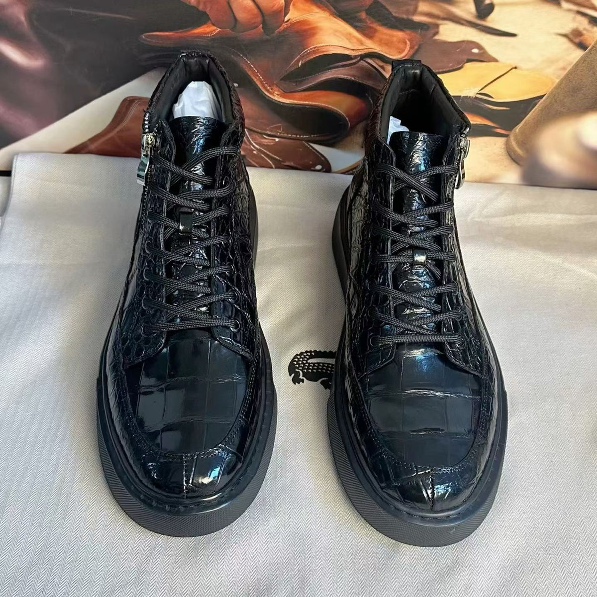 ON SALE , Crocodile Shoes ,Crocodile Leather Classic Unisex 8-Eye Lace Up Short Boots