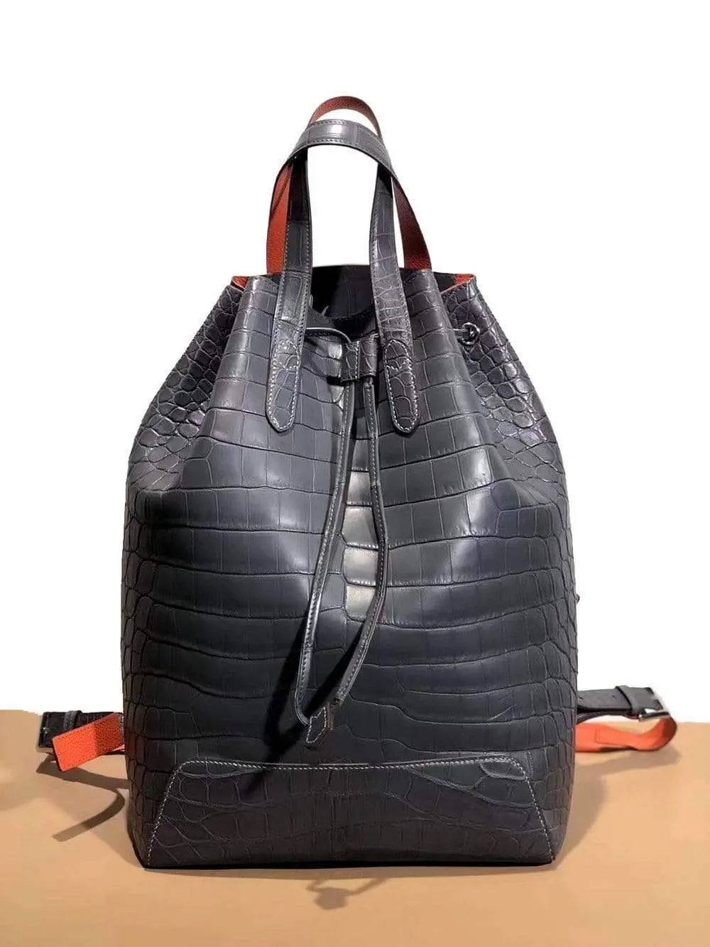 Semi -Shiny Crocodile Leather Large Backpack Knapsacks Grey