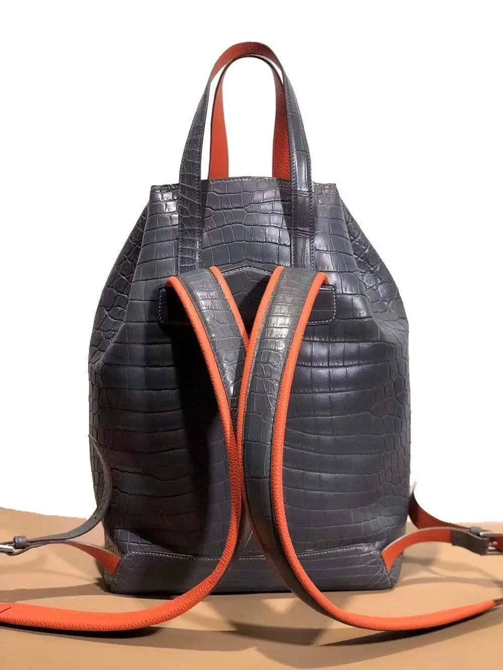 Semi -Shiny Crocodile Leather Large Backpack Knapsacks Grey