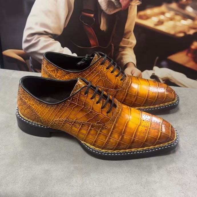 Crocodile Shoes Men's Vintage Brown Crocodile Leather Norwegian Sewn Lace Up Shoes