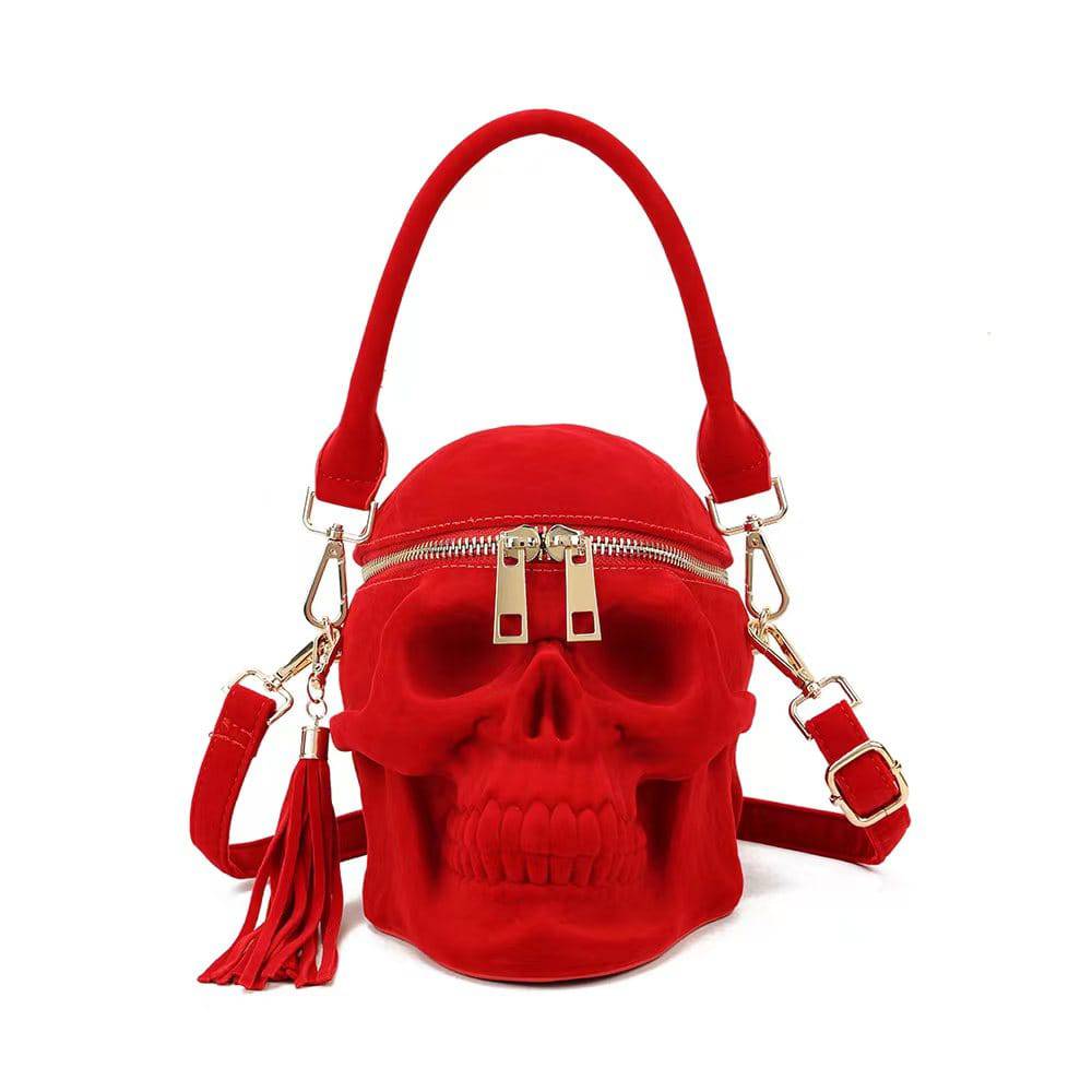 Unisex 3D Bags Red Suede Skull Cross Body Shoulder Bag Mini Handle Handbags