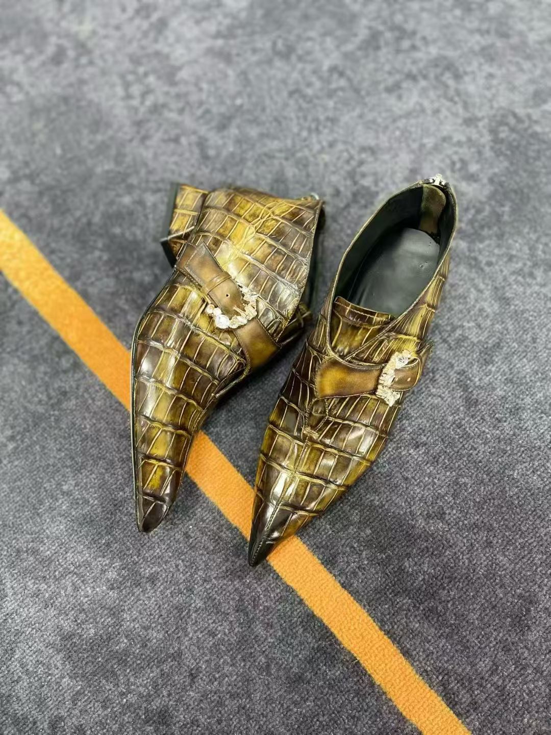 Crocodile Boots ,Women's Full Handmade Genuine Crocodile Leather Vintage Olive Yellow