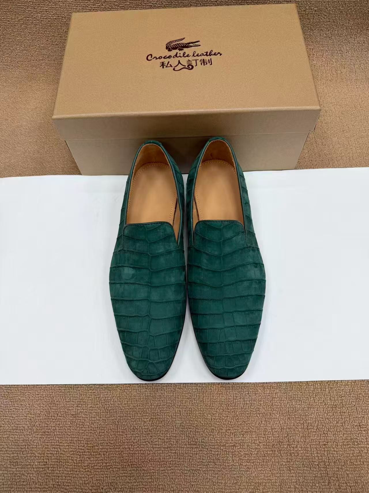 Crocodile Shoes, Men's Nubuck Crocodile Leather Slip-On Loafer Shoes Green