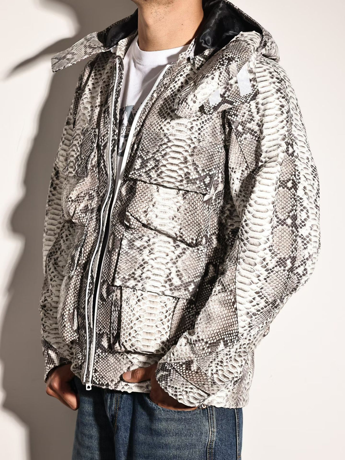 Python Leather Jacket , Mens Python Skin Leather Slim Fit Motorcycle Bomber Biker Jacket
