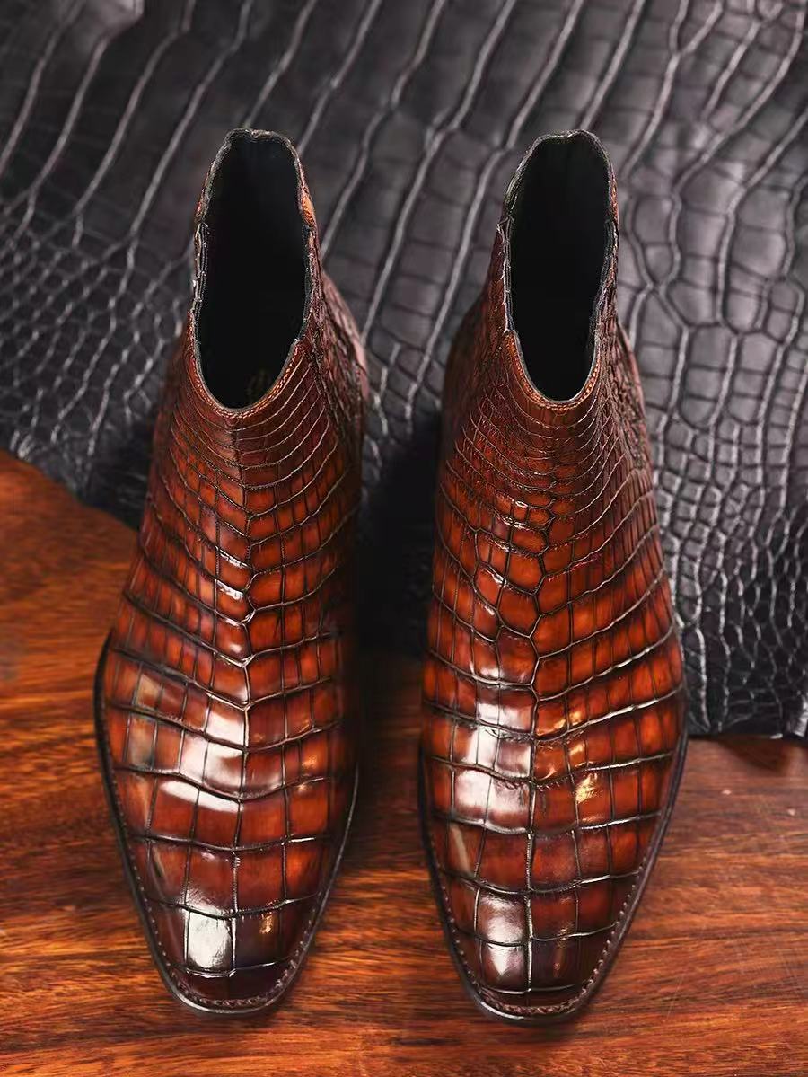 Crocodile Boots, Men's Crocodile Leather Chelsea Boots Burnished Brown