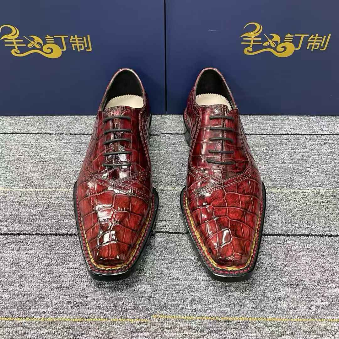 Crocodile Shoes, Men's Vintage Wine Red Norwegian Lace-Up Business Shoes