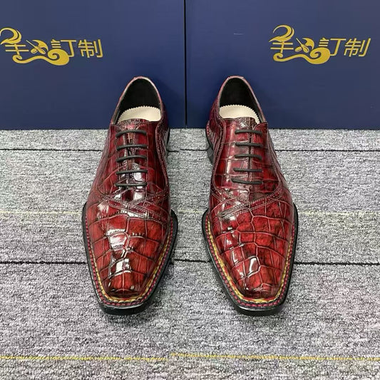 Crocodile Shoes, Men's Vintage Wine Red Norwegian Lace-Up Business  Shoes