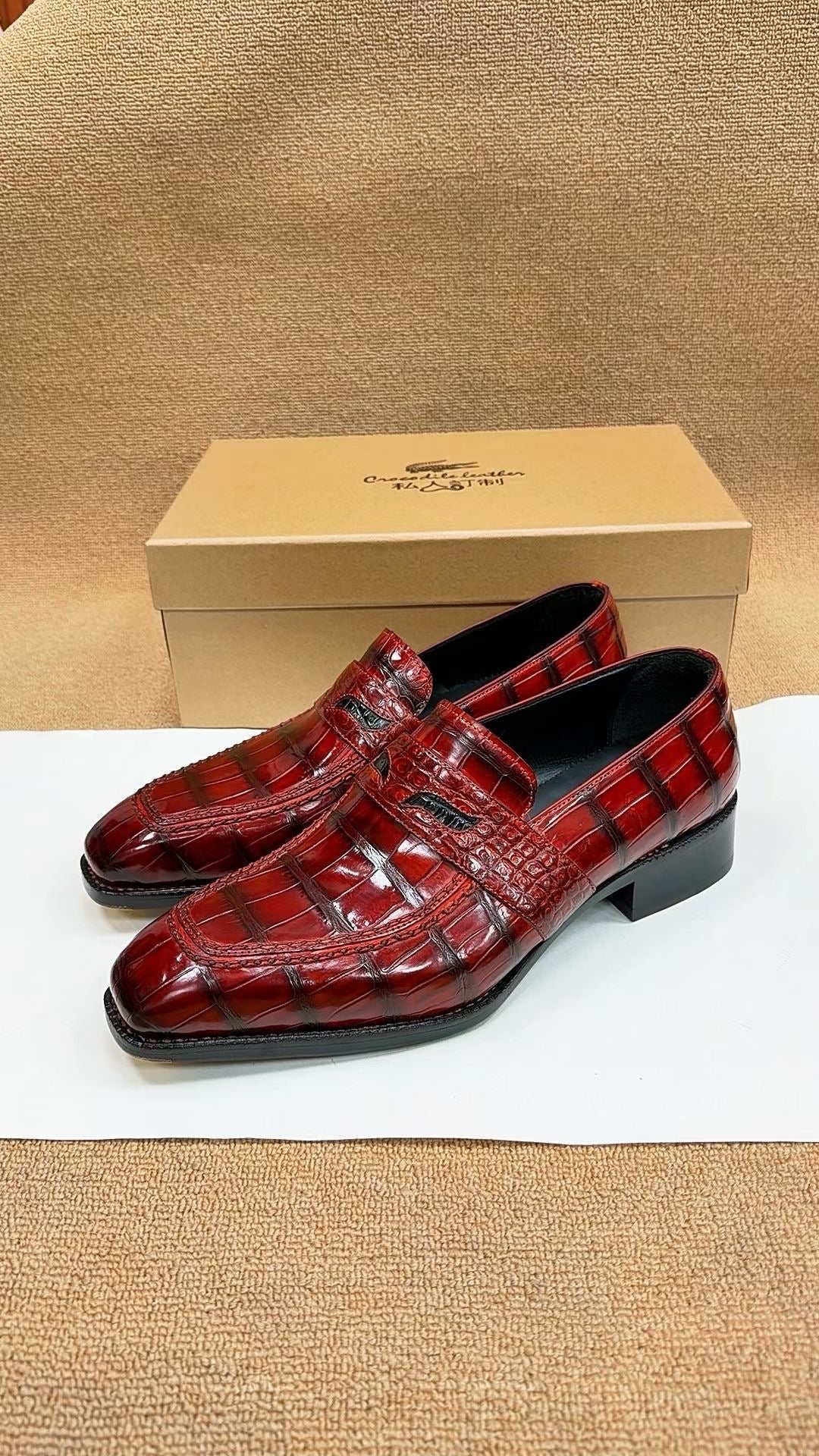 Crocodile Shoes, Crocodile Leather Norwegian Sewn Dress Loafer Shoes Red & Black