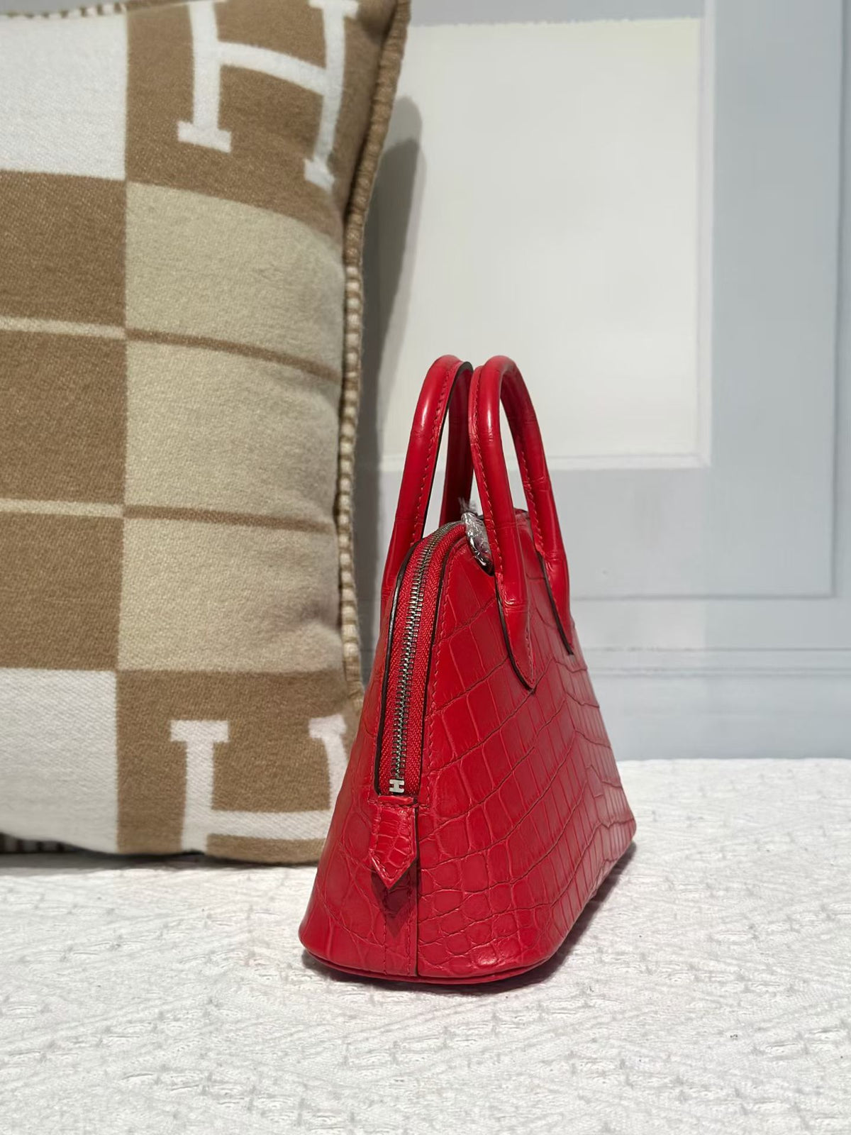 Genuine Crocodile Leather Mini Bowling Top Handle Bag Red