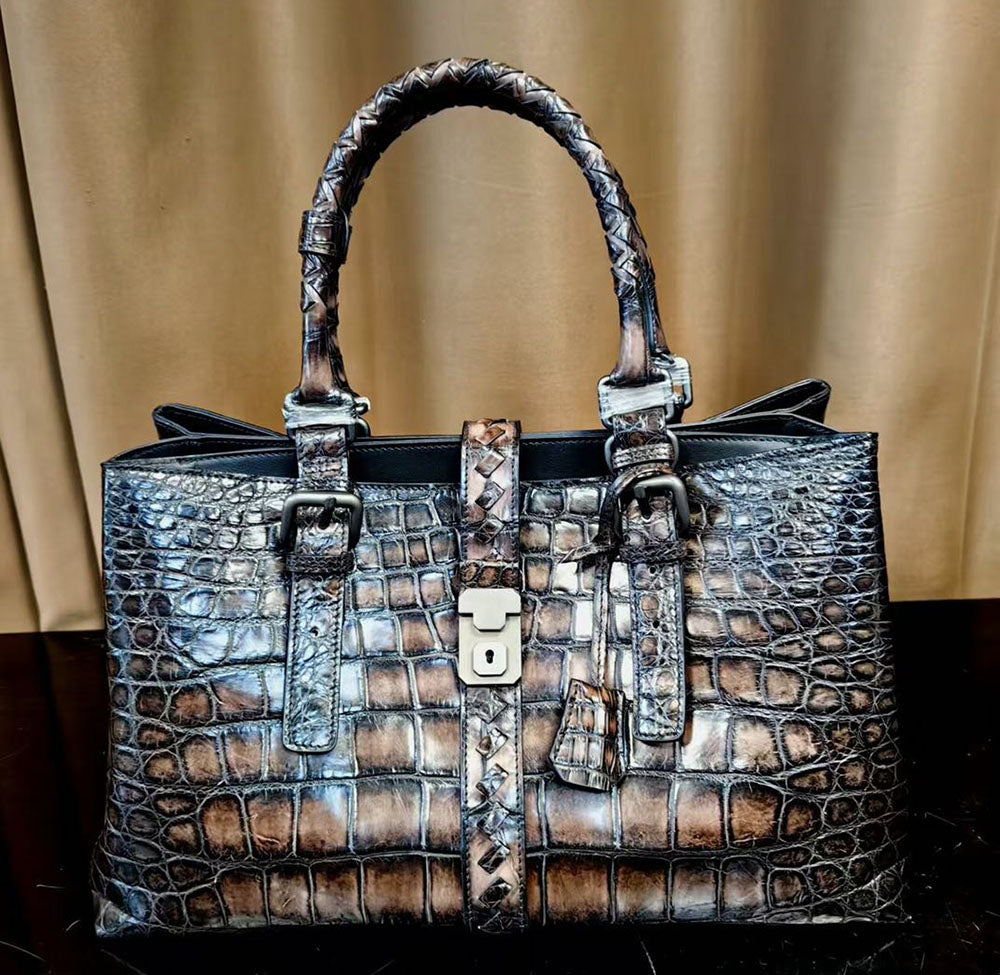 Unisex Vintage Genuine Crocodile Leather Travel Tote Bag