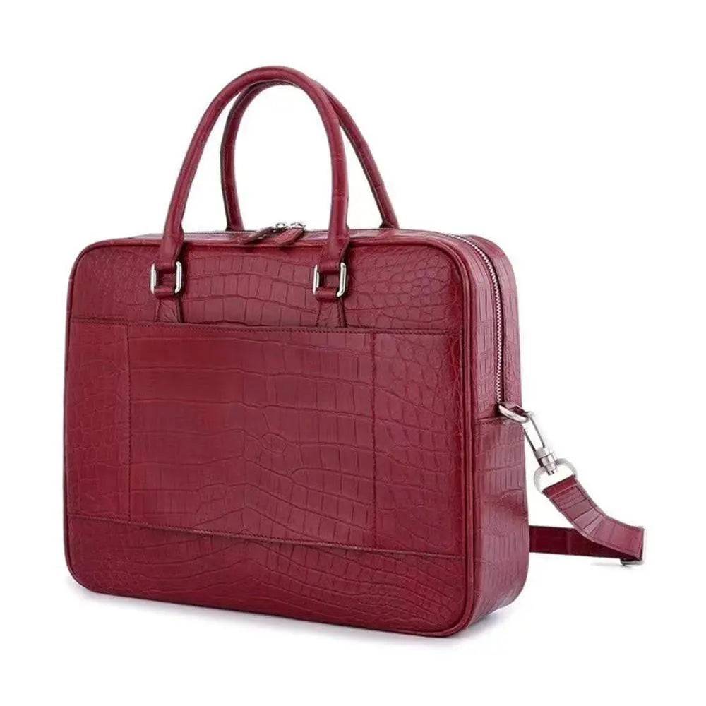 Unisex Crocodile Leather Laptop Briefcase with Pass Through Trolley Handles Red