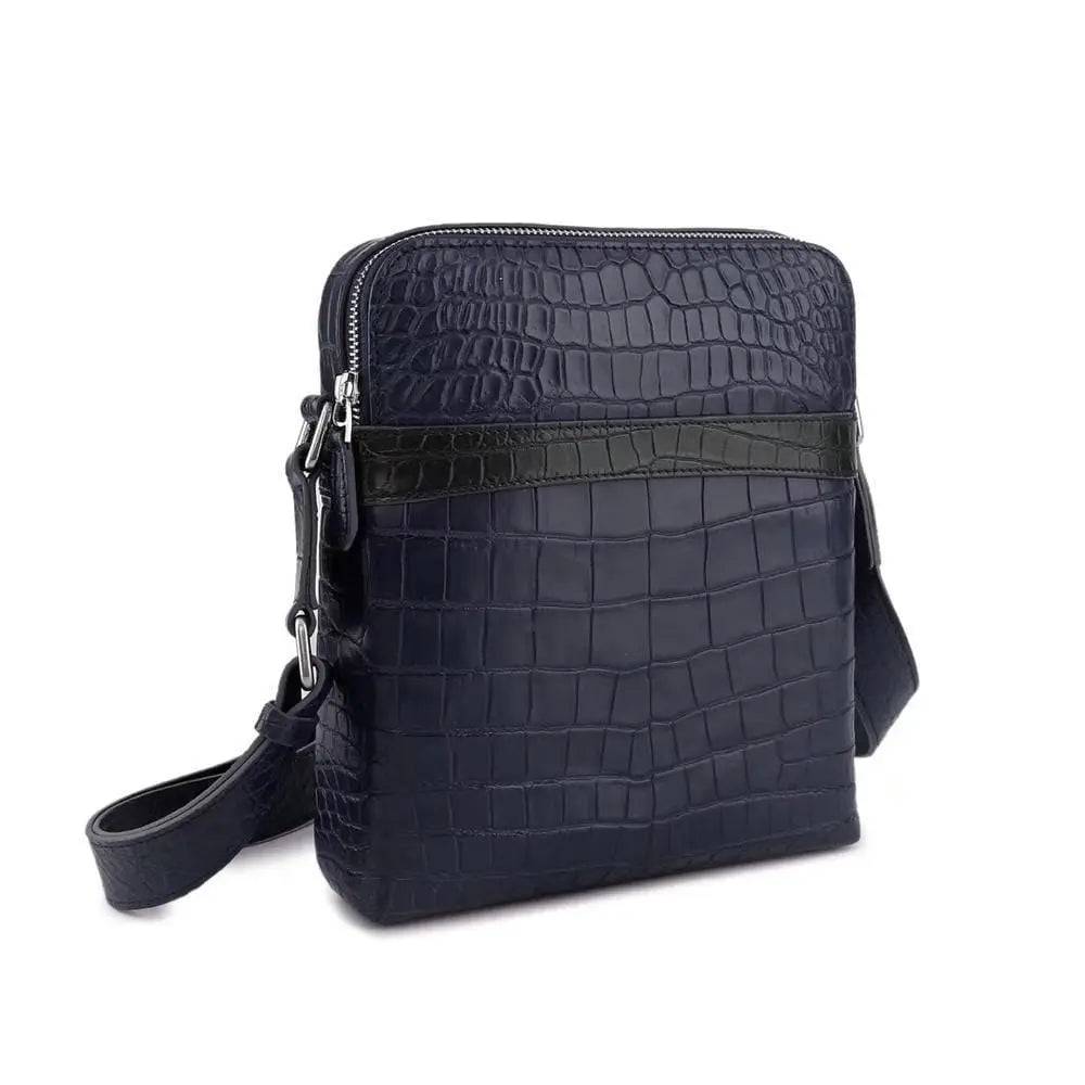 Unisex Genuine Crocodile Skin Leather Messenger Bags Dark Blue