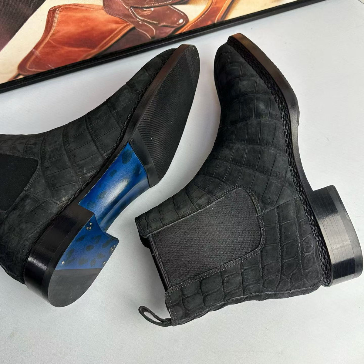 Crocodile Boots ,Men’s Crocodile Leather Chelsea Ankle Boots Black