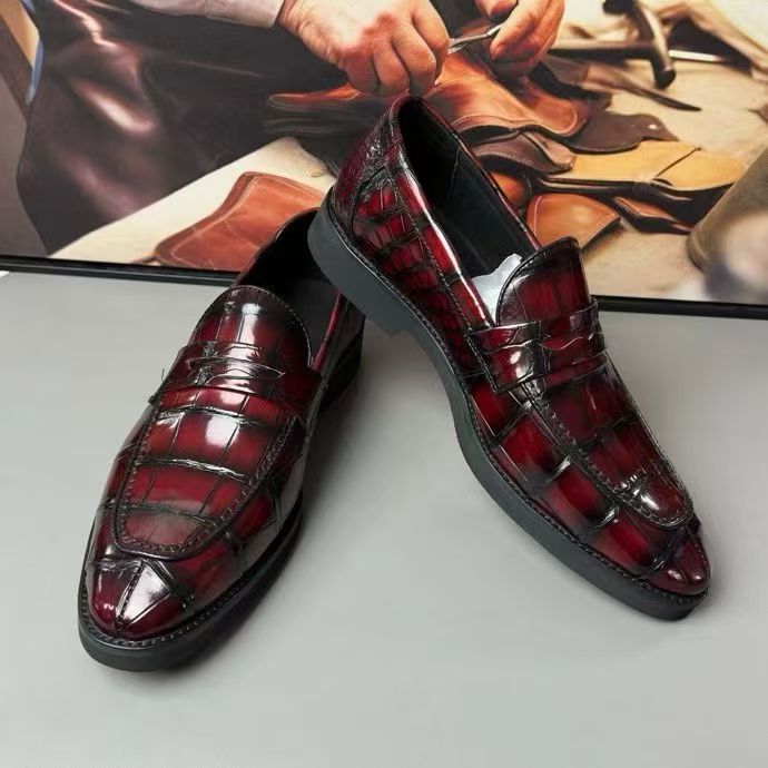 Crocodile Leather Loafer Shoes Vintage Red