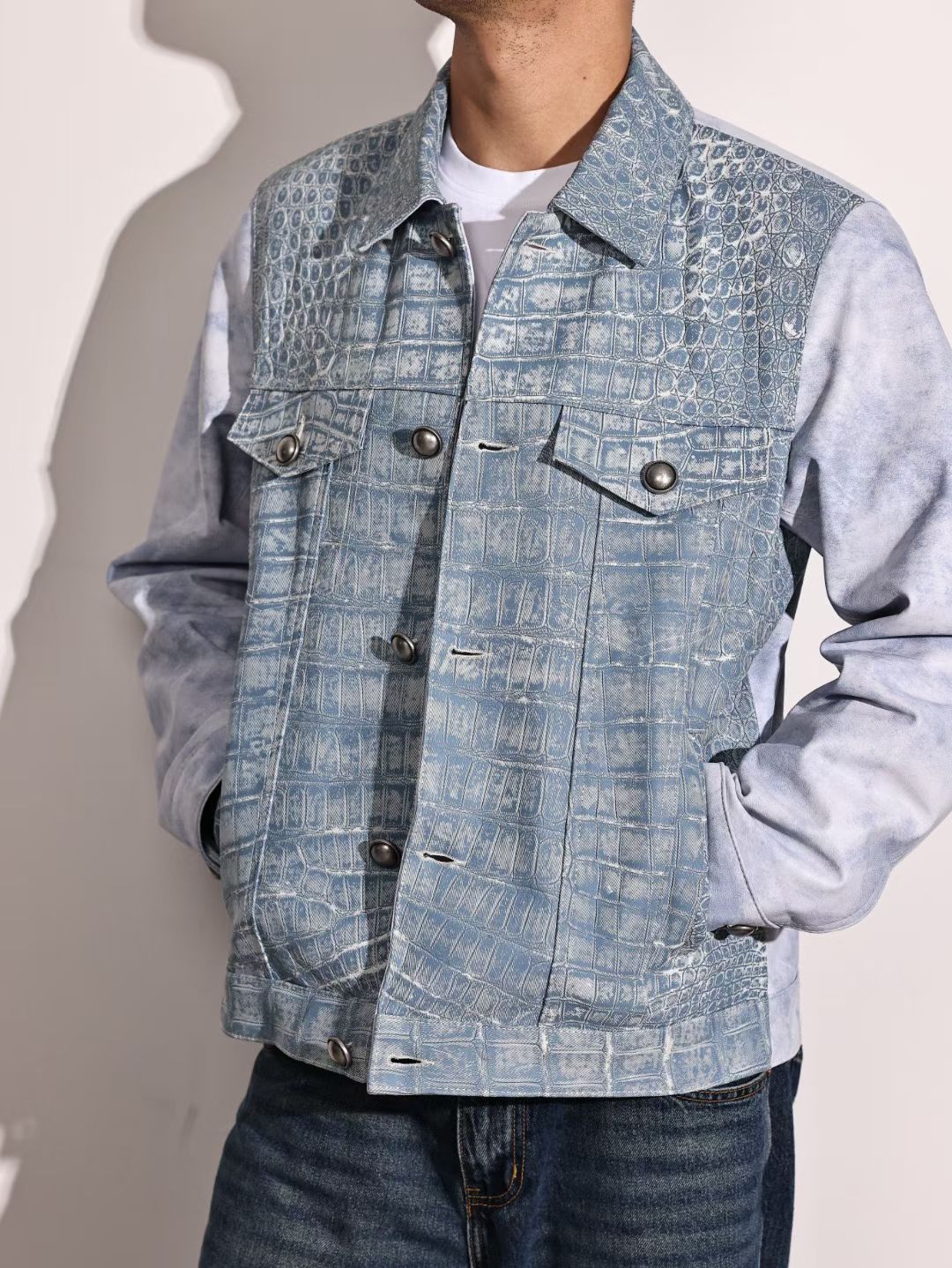 Mens Jackets , Denim Fabric Style Crocodile Skin Leather Jackets
