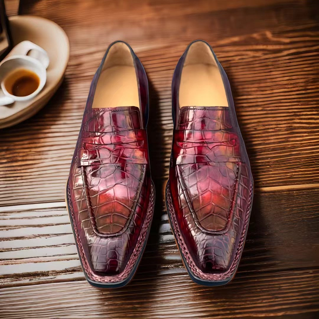 Crocodile Shoes, Men's Vintage Wine Red Crocodile Leather Slip-On Loafer Shoes