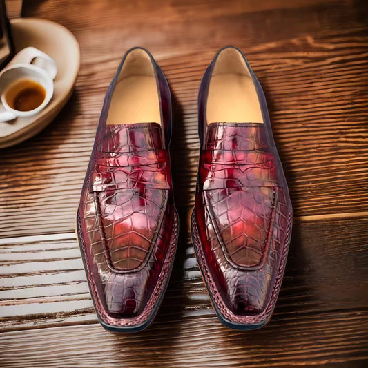 Crocodile Shoes, Men's Vintage Wine Red Crocodile Leather Slip-On Loafer Shoes