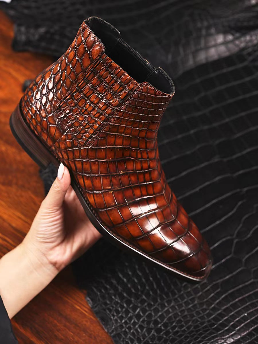 Crocodile Boots, Men's Crocodile Leather Chelsea Boots Burnished Brown