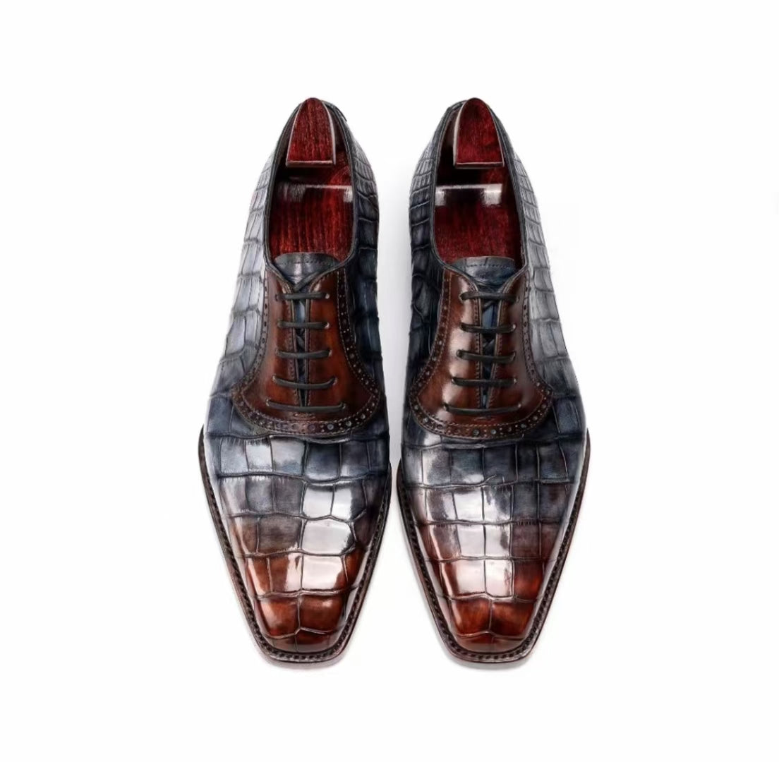 Crocodile Shoes, Genuine Crocodile Leather Lace Up Dress Shoes Beige