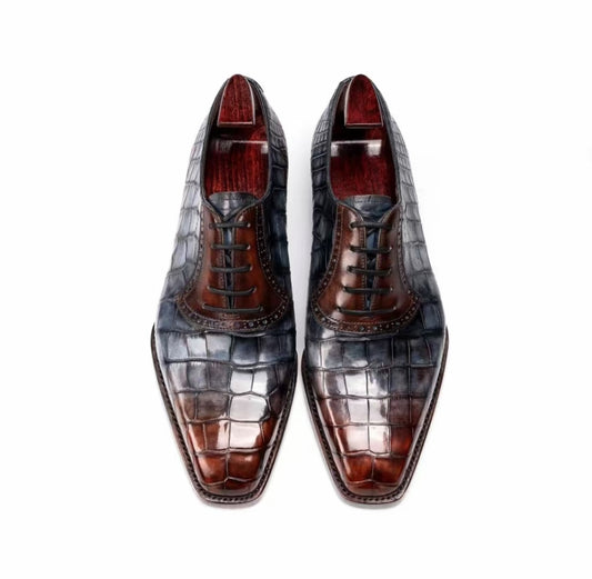 Crocodile Shoes, Genuine Crocodile Leather  Lace Up Dress Shoes Beige