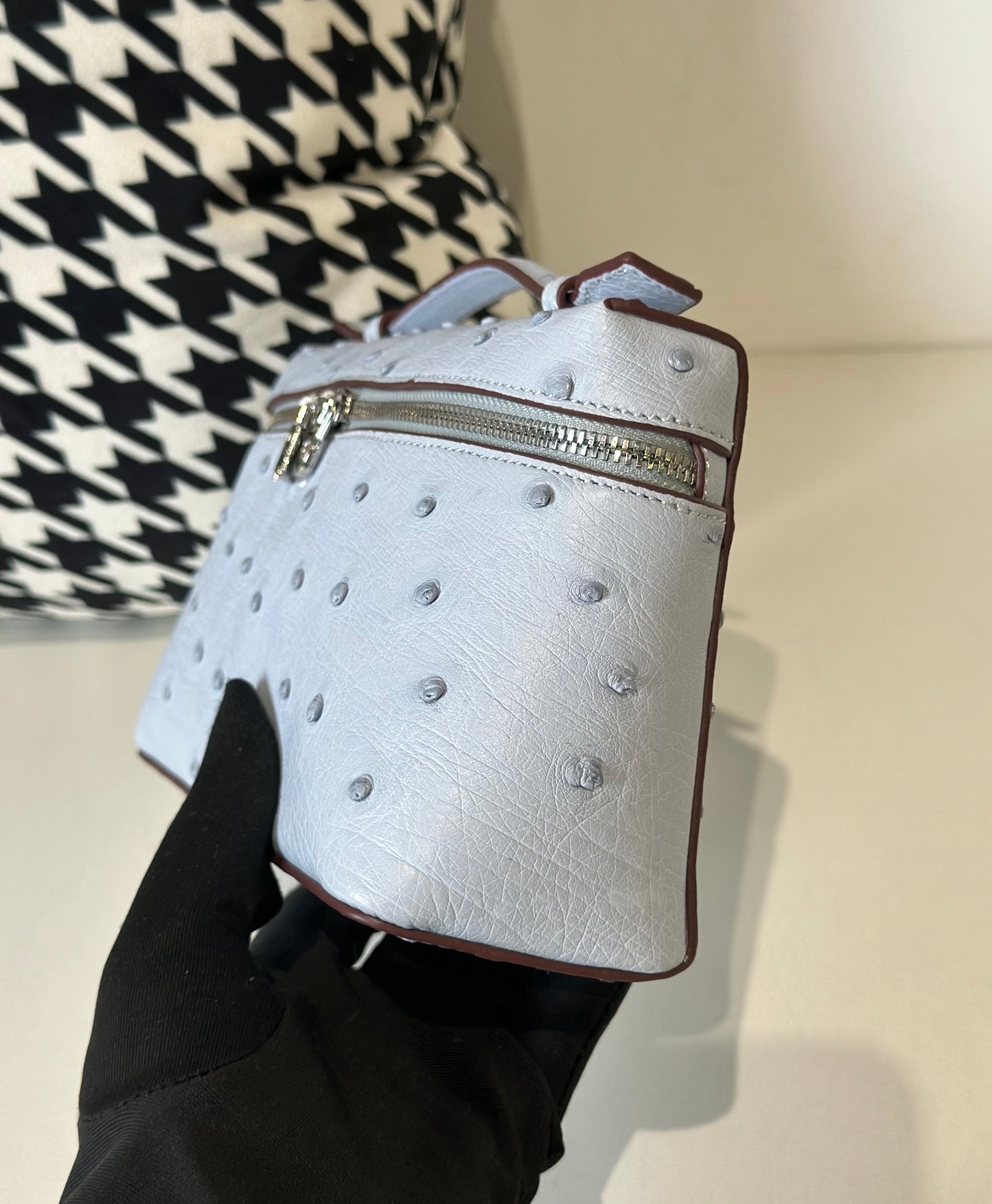 Genuine Ostrich Skin Leather Zipper Cosmetic Handle Bag