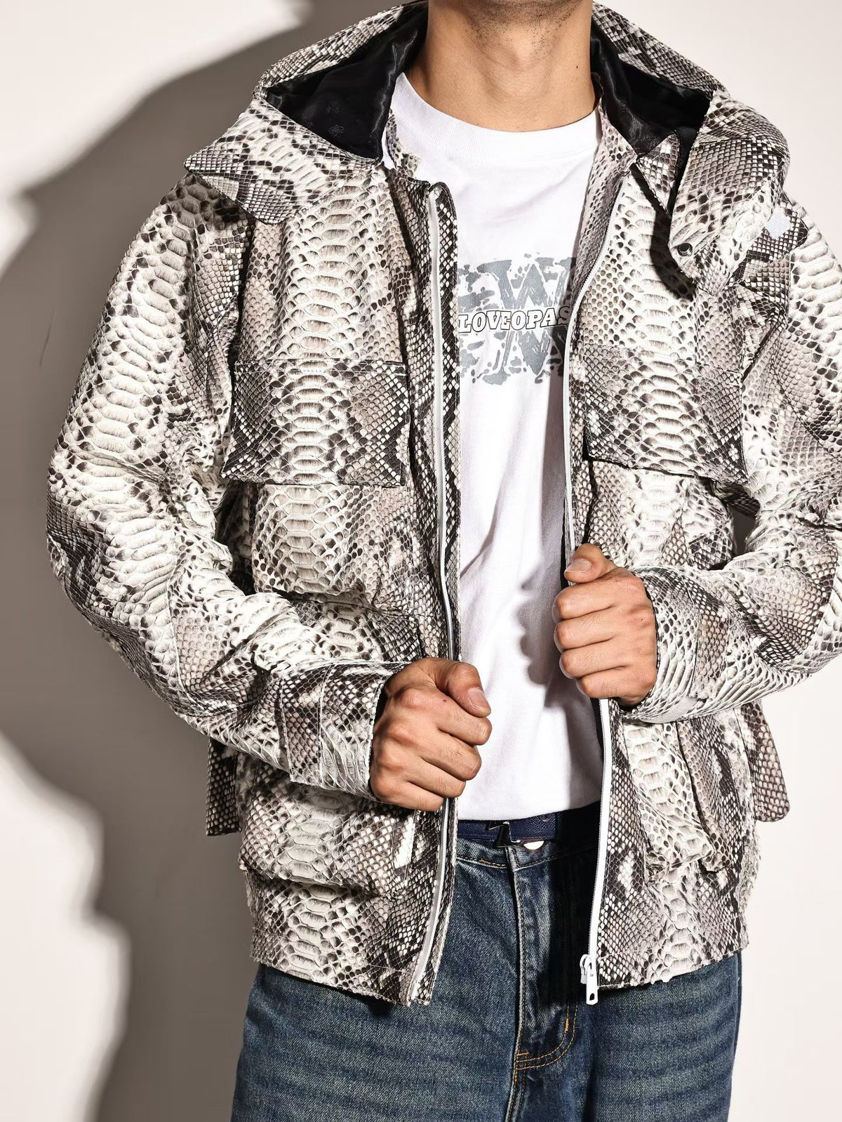 Python Leather Jacket , Mens Python Skin Leather Slim Fit Motorcycle Bomber Biker Jacket