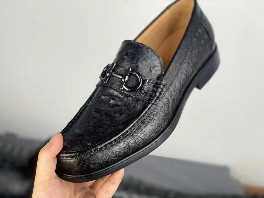 Ostrich Leather Shoes Ostrich Loafer Slip-On Shoes Black